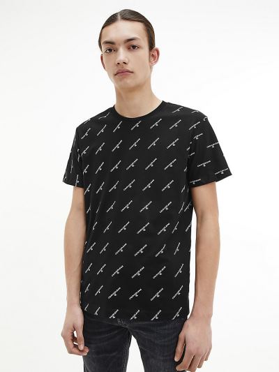 Calvin Klein Ruhák HU969568 | Calvin Klein Organic Cotton All-Over Logo Férfi Póló Fekete